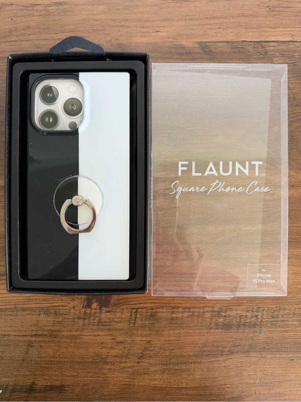 Flaunt Square Phone Case for iPhone 15 Pro Max - Black & White with Ring